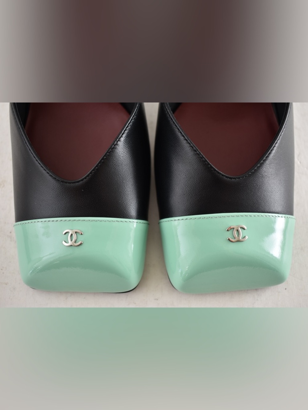 Chanel 26S Blazy Black Mint Green Square CC Sling Slingback Block Heel Pump 37.5 - Picture 9 of 16